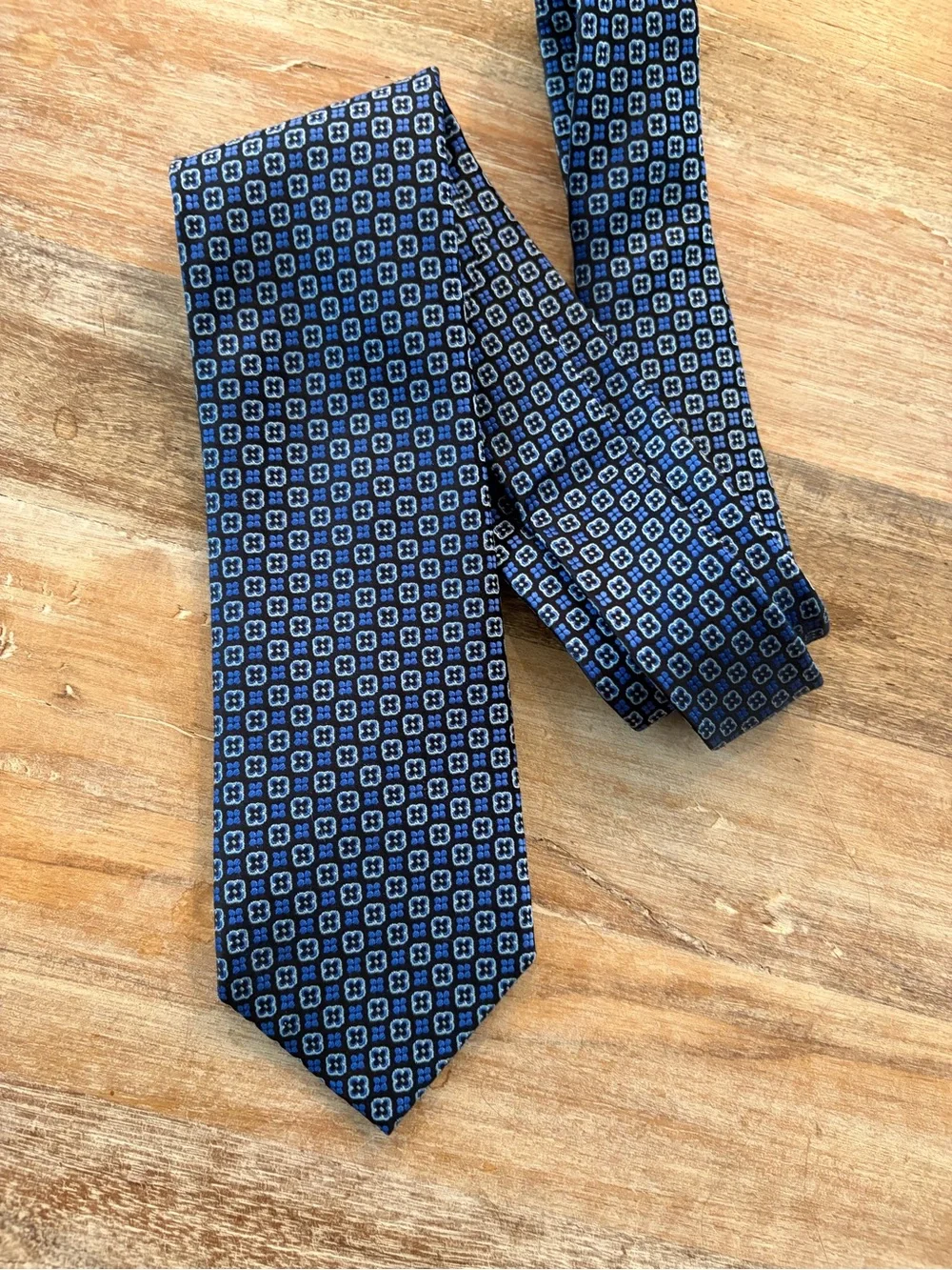 Countess Mara 100% Silk Tie Blue Geometric Necktie Blue Gold Crown Logo